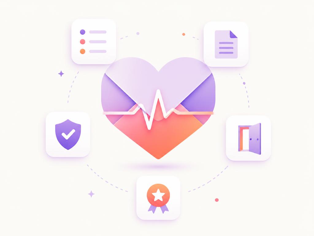 Illustration of a heart-shaped envelope with a pulse line, surrounded by icons for list health, content, authentication, unsubscribe and reputation