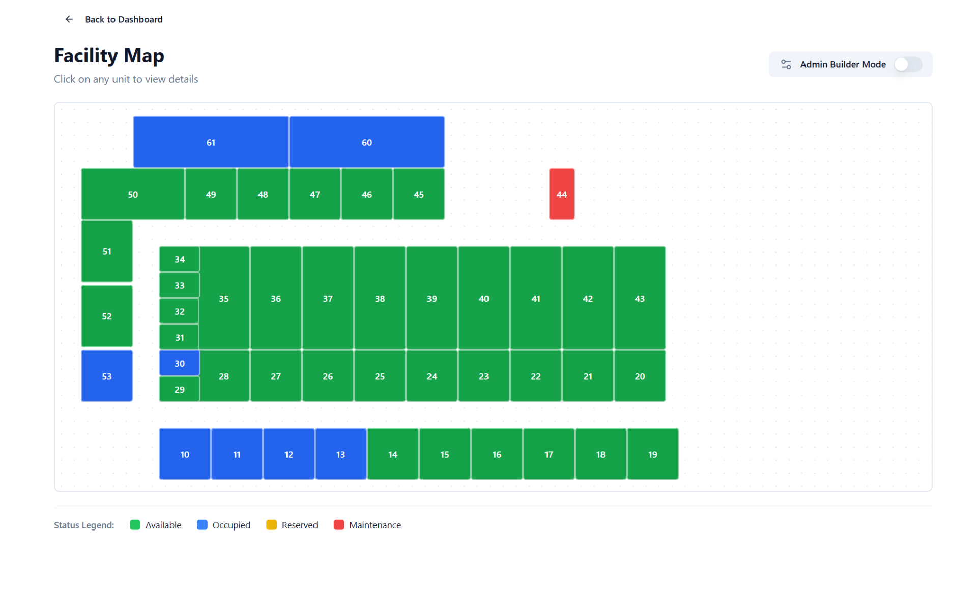 UnitHub Facility Map - Drag and drop visual unit management with color-coded status
